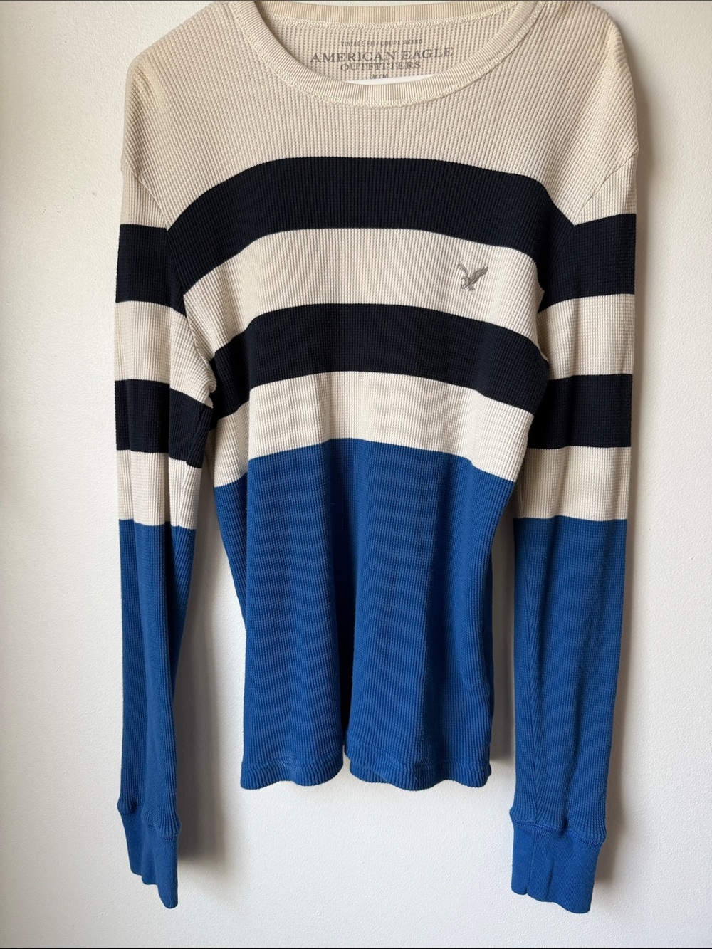 American Eagle Outfitters Men’s Blue, Cream & Black Striped Crewneck Sweater M